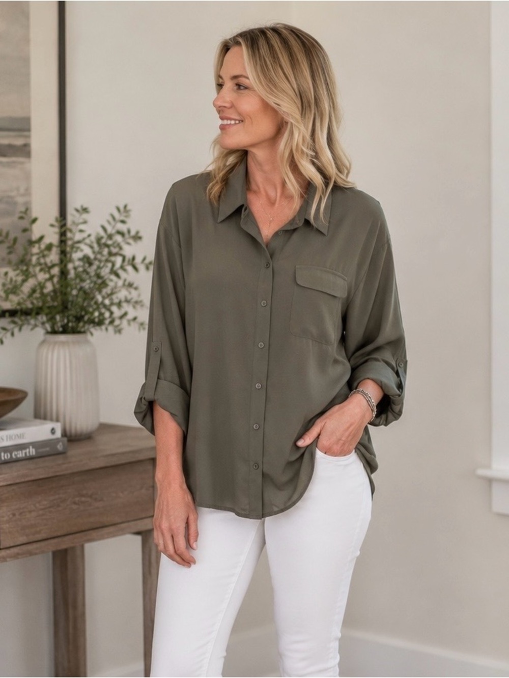Pleione Olive Green Button-Front Shirt